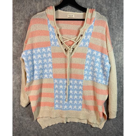 POL Clothing Americana Knit Tie Front Flag Hoodie - Large Style BST334 - Picture 1 of 9